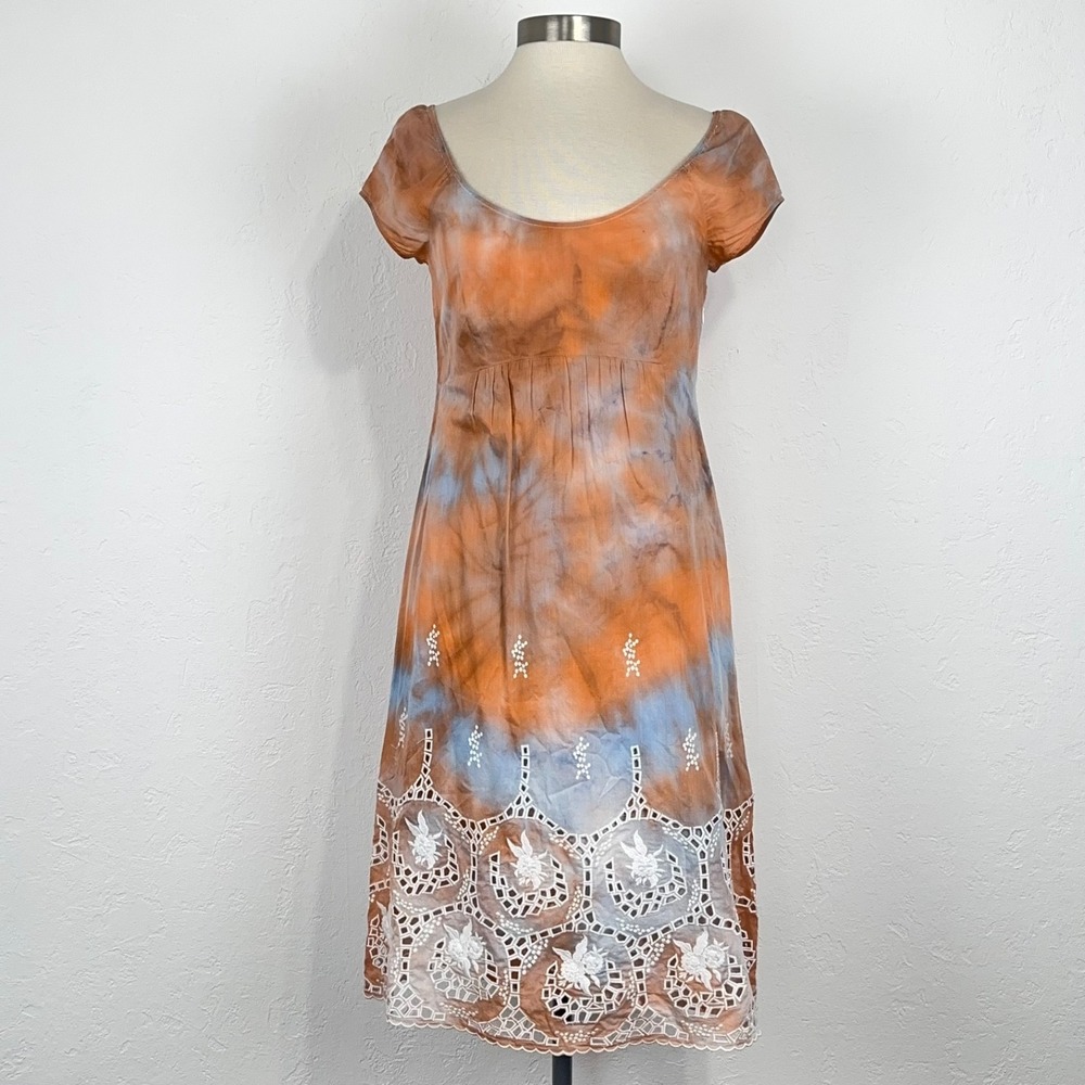 Theory Adella Lawn Boho Chic Sundress Sz 8 Tie Dye Floral Eyelet Cotton Scallop